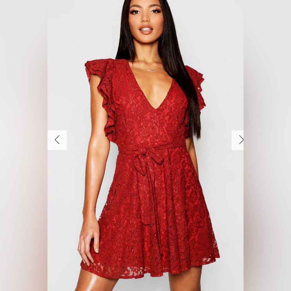 Boohoo lace ruffle sleeve skater dress